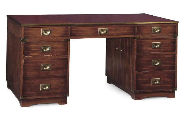 A BRASS-MOUNTED MAHOGANY VENEERED PEDESTAL DESK