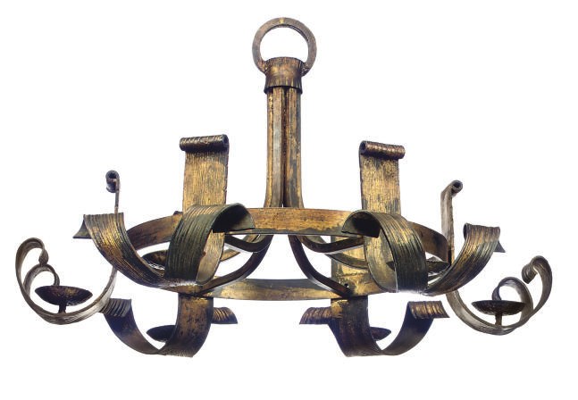 A PARCEL-GILT WROUGHT IRON SIX-LIGHT CHANDELIER