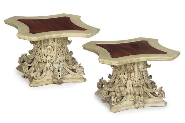 A PAIR OF PAINTED WOOD TABLES