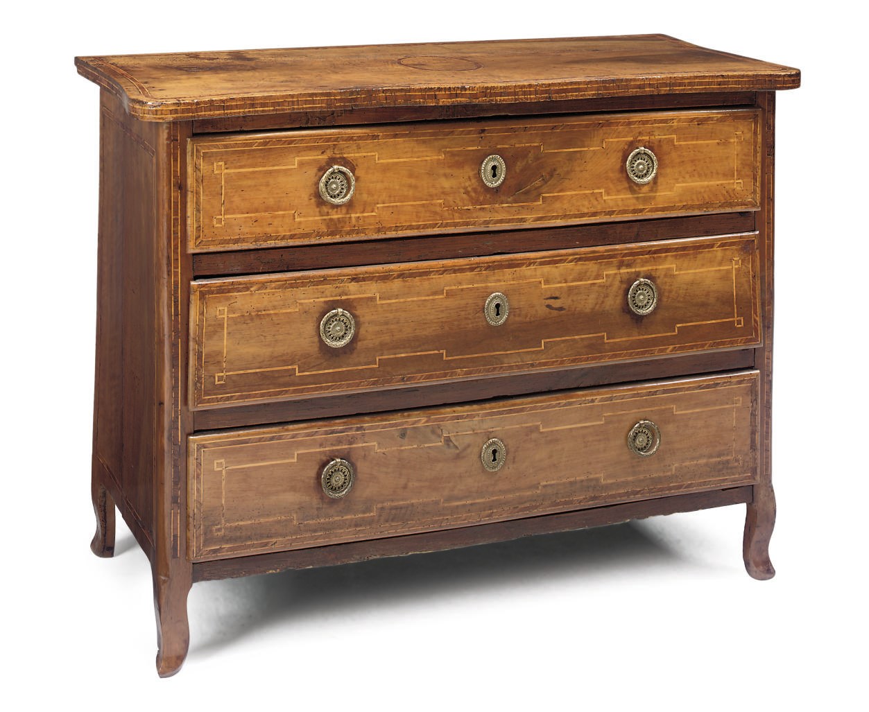 AN ITALIAN WALNUT AND TULIPWOOD CROSSBANDED COMMODE