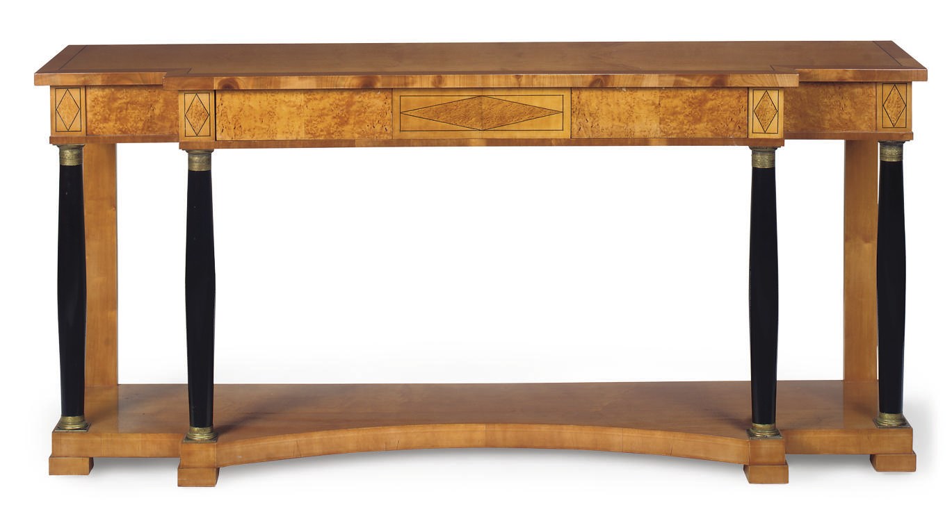 A NORTH EUROPEAN BIRCH AND EBONISED CONSOLE TABLE