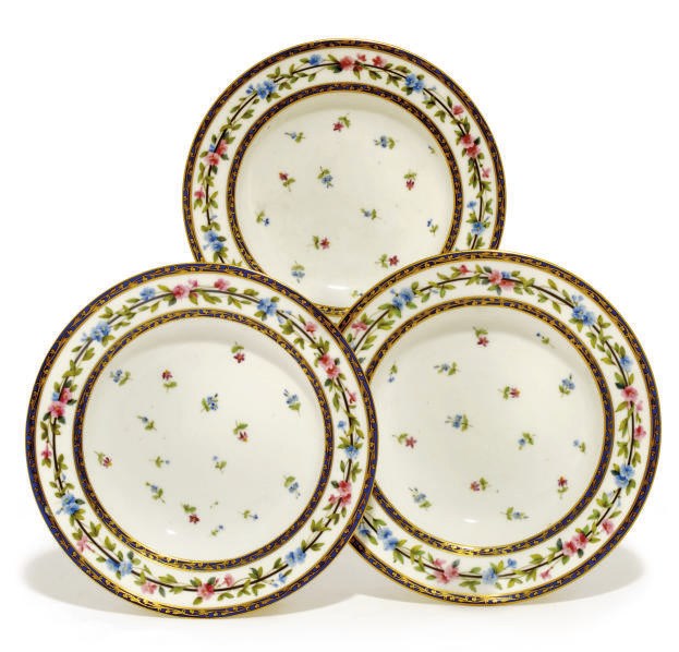 THREE SEVRES PORCELAIN SOUP-PLATES