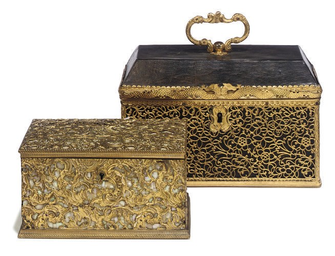 A CONTINENTAL GILT-COPPER AND MOTHER-OF-PEARL CASKET