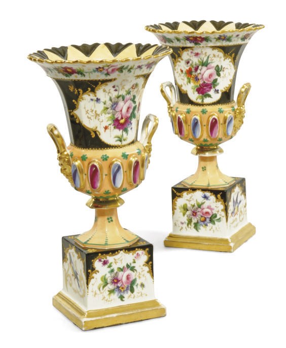A PAIR OF PARIS PORCELAIN TWO-HANDLED CAMPANA VASES
