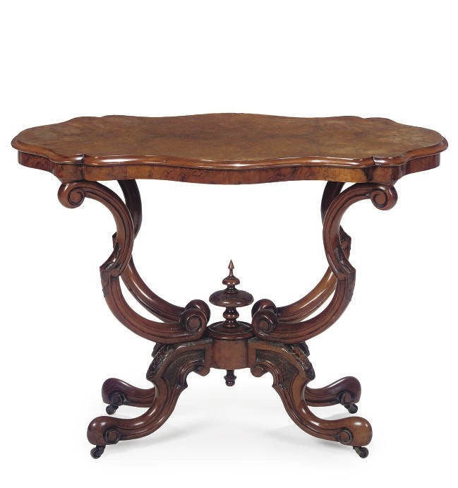 A MID-VICTORIAN FIGURED WALNUT CENTRE TABLE