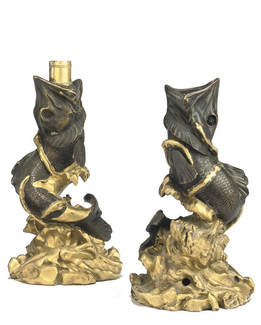 TWO FRENCH GILT AND PATINATED BRONZE TABLE LAMPS