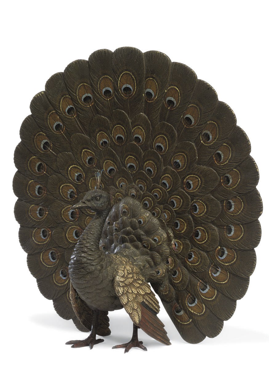 AN AUSTRIAN COLD-PAINTED BRONZE MODEL OF A PEACOCK