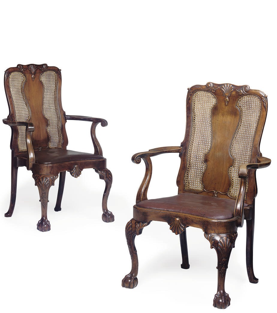 A PAIR OF WALNUT ARMCHAIRS