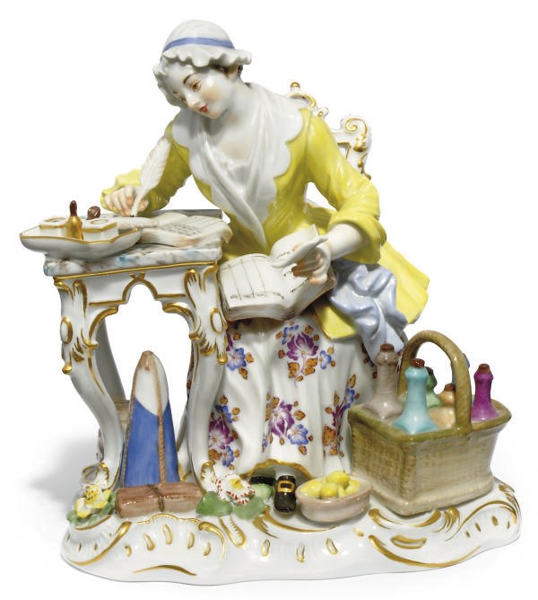 A MEISSEN FIGURE OF A HOUSE-KEEPER