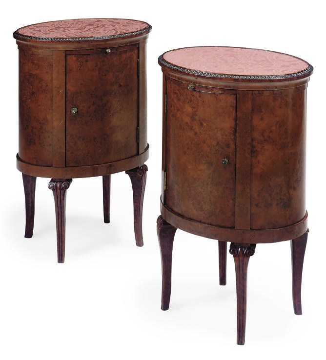 A PAIR OF FRENCH BURR WALNUT BEDSIDE CUPBOARDS
