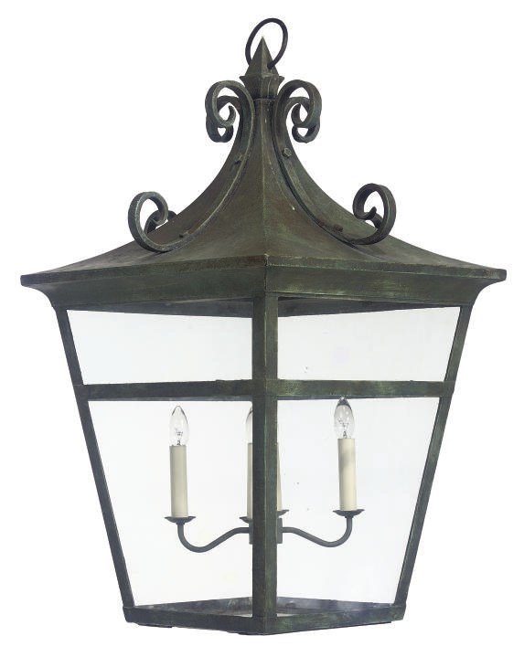 A GREEN-PAINTED METAL HALL LANTERN
