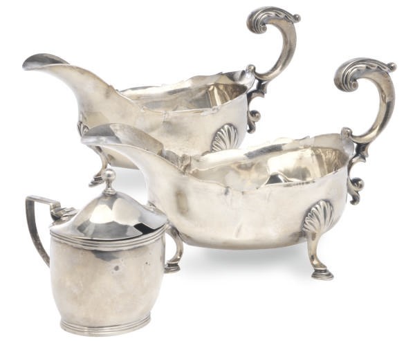 A PAIR OF GEORGE III SILVER SAUCE-BOATS AND A MUSTARD POT WITH HINGED COVER,