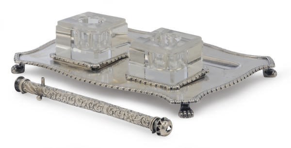 A GEORGE VI SILVER INKSTAND AND A VICTORIAN SILVER QUILL CASE,