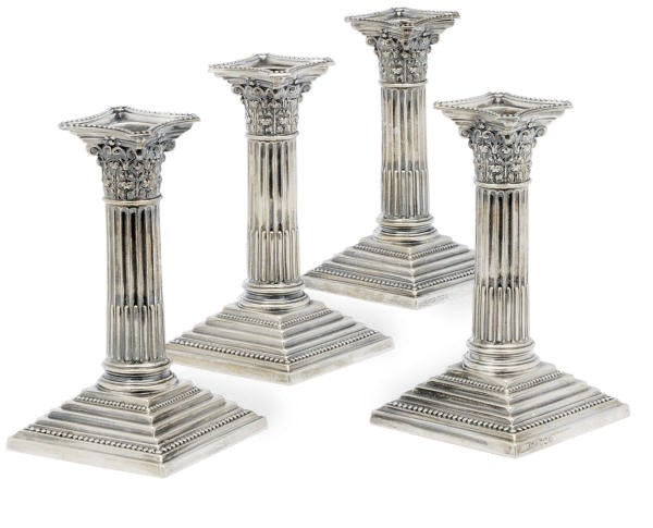 A SET OF FOUR ELIZABETH II SILVER SMALL COLUMNAR-FORM CANDLESTICKS,