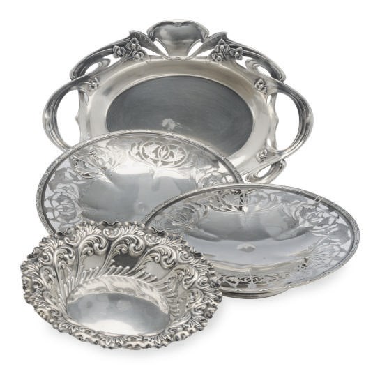 A PAIR OF AMERICAN SILVER FOOTED PLATES AND TWO EUROPEAN DISHES,