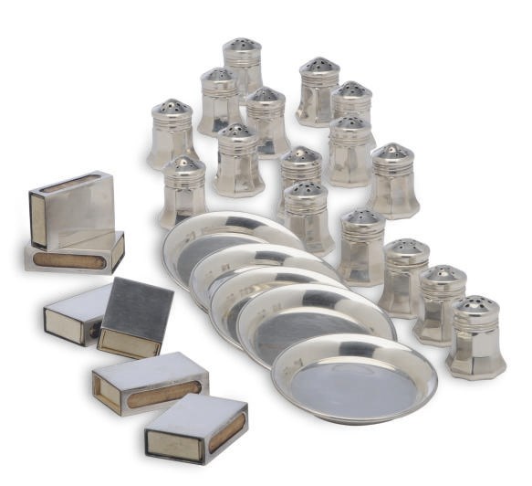 A GROUP OF AMERICAN SILVER SMOKING ARTICLES AND A SET OF SALTS AND PEPPER SHAKERS,