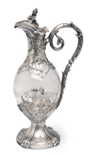 A FRENCH SILVER-MOUNTED ETCHED GLASS EWER WITH HINGED COVER,