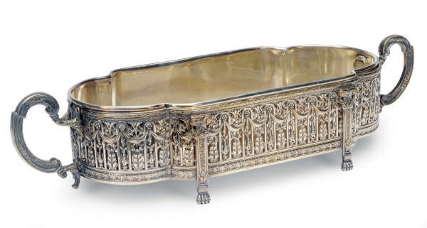 A SILVER-PLATED PIERCED JARDINERE WITH SILVERED-METAL LINER,