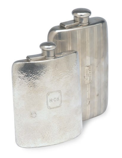 TWO TIFFANY SILVER FLASKS WITH HINGED COVERS,