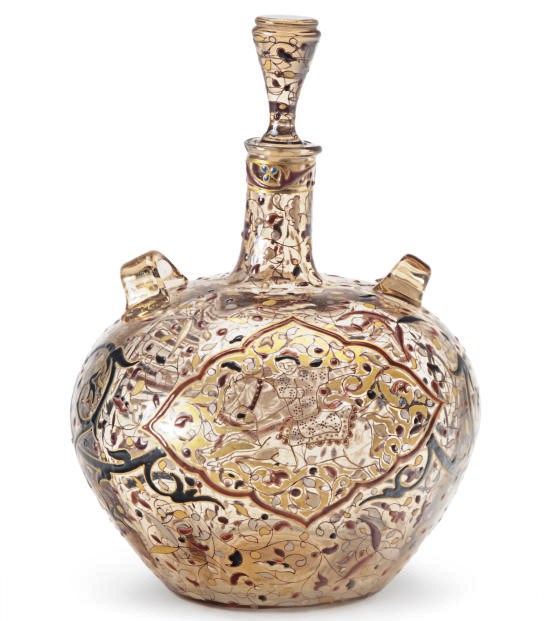 A FRENCH ENAMELED GLASS DECANTER AND STOPPER,