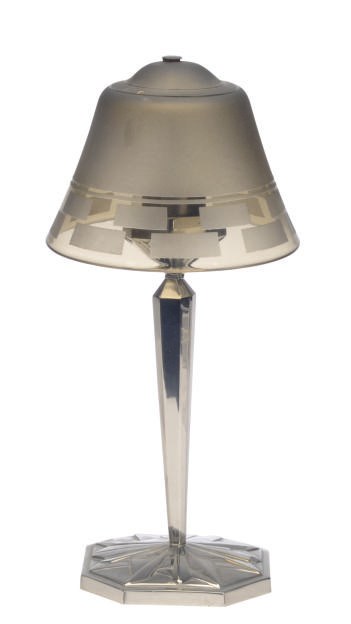 A FRENCH ACID ETCHED GLASS AND CHROMED-METAL LAMP,
