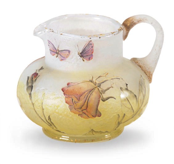 A MINIATURE ETCHED AND ENAMELED GLASS PITCHER,