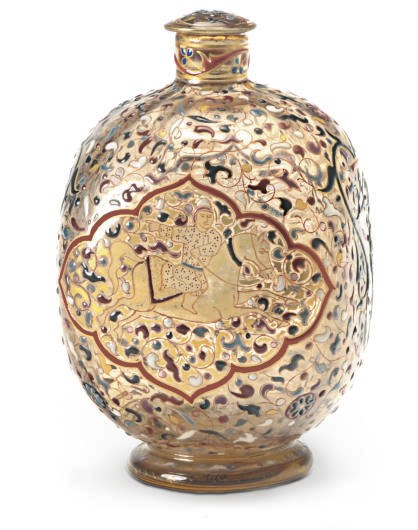 A FRENCH ENAMELED GLASS BOTTLE AND STOPPER,