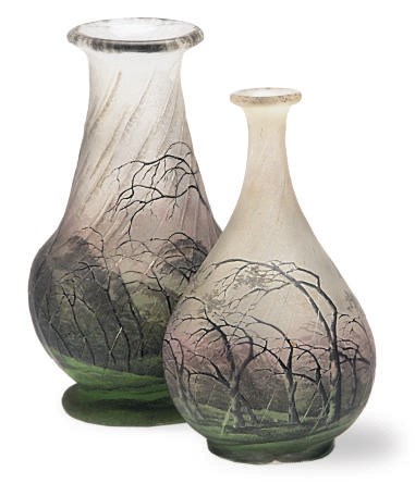 TWO ETCHED AND ENAMELED MINIATURE FRENCH GLASS VASES,