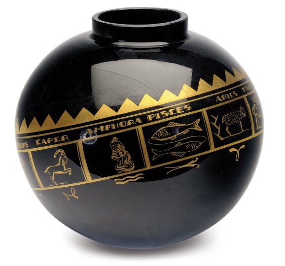 A FRENCH GLASS VASE WITH SIGNS OF THE ZODIAC IN GILT,
