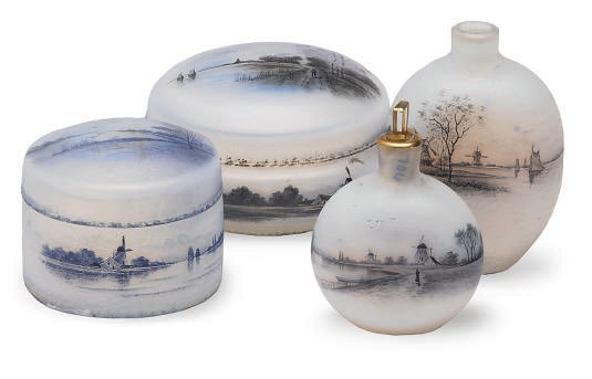 FOUR FRANCE OPALESCENT ENAMELED GLASS TABLE ARTICLES WITH DUTCH LANDSCAPES,