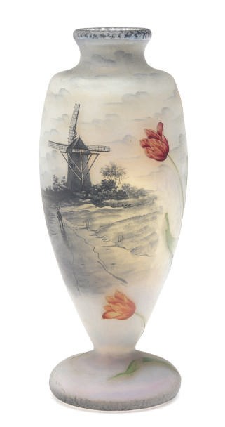 A FRENCH ETCHED GLASS VASE ENAMELED WITH DUTCH LANDSCAPE SCENE,