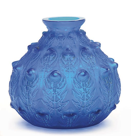 A FRENCH BLUE GLASS 'FOUGERES' VASE WITH WHITE PATINA,