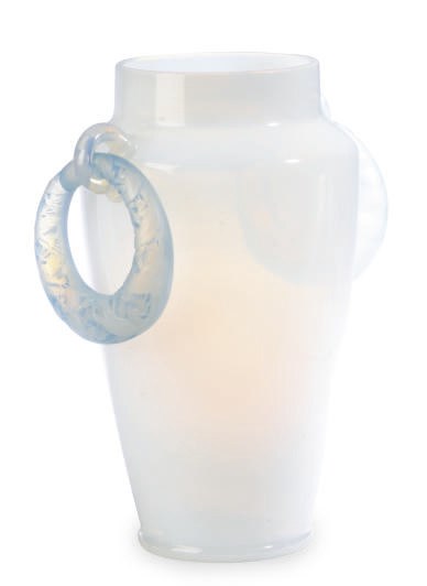 A FRENCH OPALESCENT GLASS 'DEUX ANNEAUX LEZARDS' VASE WITH BLUE PATINA,