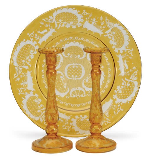 AN ASSEMBLED BOHEMIAN AMBER FLASHED AND CUT GLASS PART SERVICE,