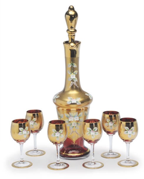A BOHEMIAN GLASS GILT AND ENAMELED DECANTER AND STOPPER WITH SIX MATCHING CORDIAL GLASSES,