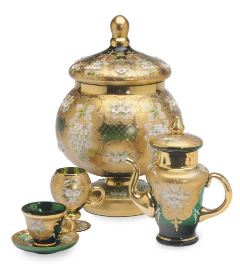 A BOHEMIAN EMERALD GLASS GILT AND ENAMELED TEA AND COFFEE SERIVCE AND TABLE ARTICLES,