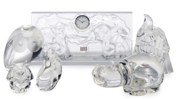 A FRENCH MOLDED GLASS CLOCK AND A GROUP OF GLASS ANIMALS,