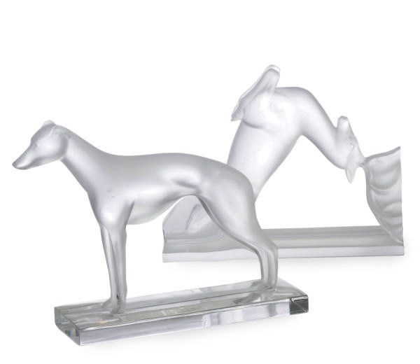 A FRENCH FROSTED GLASS GREYHOUND AND A STAG,