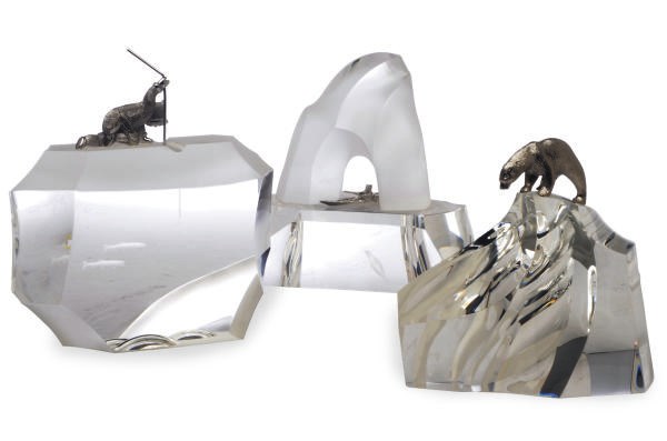 THREE AMERICAN GLASS AND CAST SILVER 'ARCTIC' THEMED TABLETOP SCULPTURES,