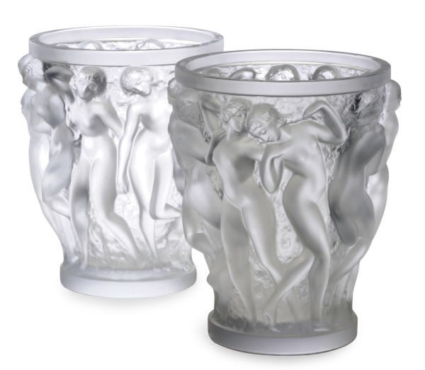 A PAIR OF FRENCH MOLDED GLASS 'BACCHANTES' VASES,