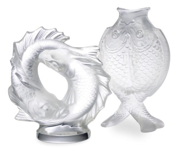 A FRENCH MOLDED GLASS 'TWO FISH' VASE AND A MOLDED GLASS 'DOUBLE FISH' SCULPTURE,