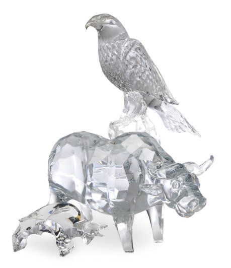 A SMALL FRENCH GLASS MODEL OF A BULL, A LARGE GLASS MODEL OF A FALCON, AND A LARGE GLASS MODEL OF A CAPE BUFFALO,