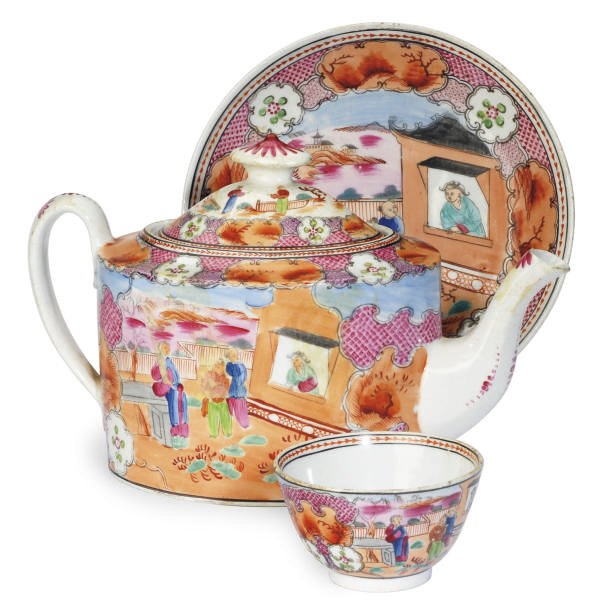 AN ENGLISH PORCELAIN ASSEMBLED TRANSFER-PRINTED AND ENRICHED PART TEA SERVICE IN THE 'LADY IN THE WINDOW PATTERN',