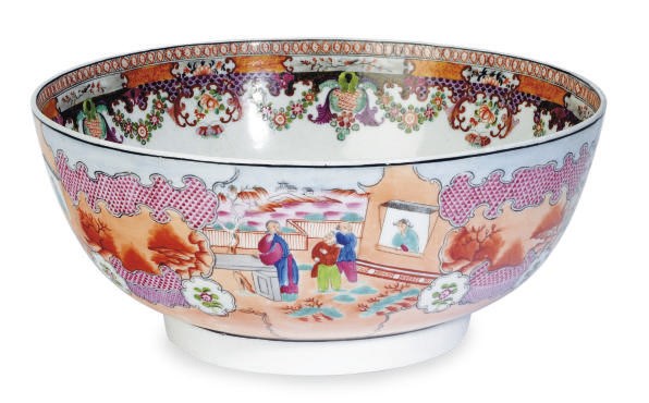 AN ENGLISH PORCELAIN TRANSFER-DECORATED AND ENRICHED CHINESE PORCELAIN PUNCH BOWL IN THE 'LADY IN THE WINDOW' PATTERN,