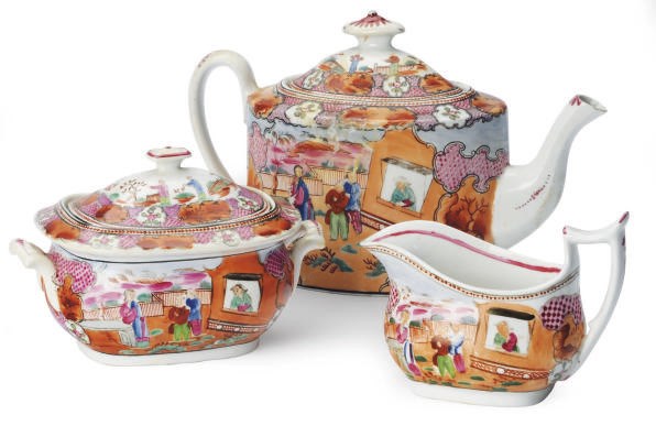 AN ENGLISH PORCELAIN ASSEMBLED TRANSFER-PRINTED AND ENRICHED CHINESE EXPORT-STYLE PART TEA SERVICE,