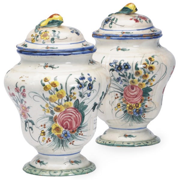 A PAIR OF FRENCH FAIENCE BALUSTER VASES AND COVERS,
