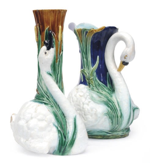 A MAJOLICA SWAN-FORM VASE AND A PITCHER,