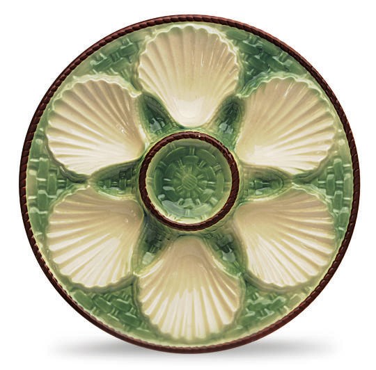 A SET OF SIX MAJOLICA-STYLE OYSTER PLATES,