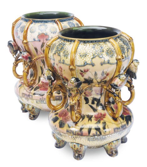 A PAIR OF DOUBLE-GOURD FORM HUNGARIAN EARTHENWARE VASES,