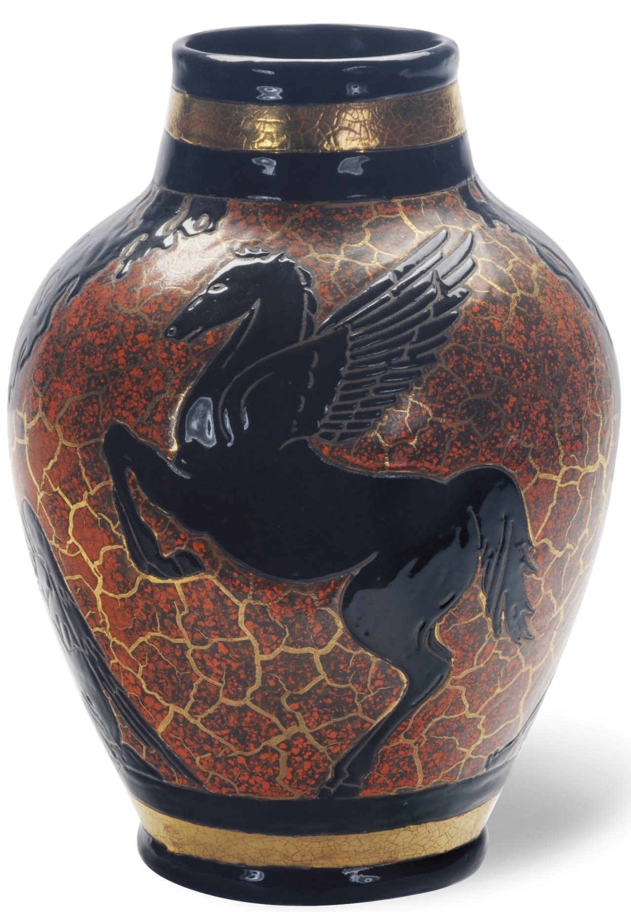 A BELGIAN GILT AND GLAZED EARTHENWARE 'PERSÉE ET LES GORGONES' VASE,